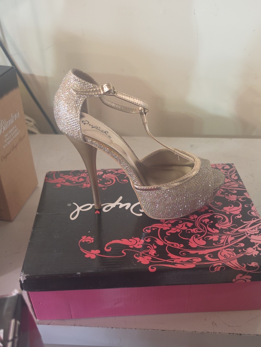 Qupid Gold Glitter T-Strap Platform Stiletto